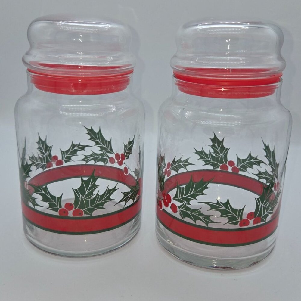 Set Of 2 Clear Glass Holiday Canisters With Red Holly Berry Design & Lids 7" Tal